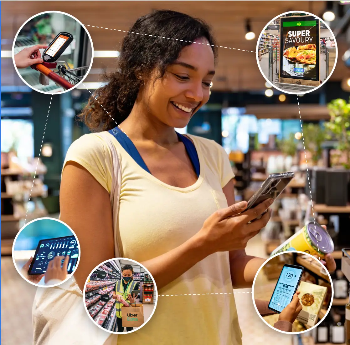 A Woolworths shopper using her phone in store, with connected experiences around her.